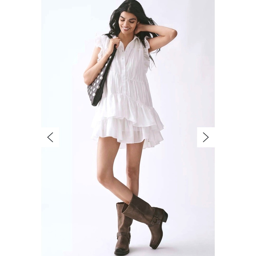 Anthropologie Ruffled Mini Tunic Dress White Boho Sleeveless Womens S White